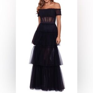 Betsy & Adam Black Ruffle Off the Shoulder Tiered Corset Ballgown Dress - Size 6